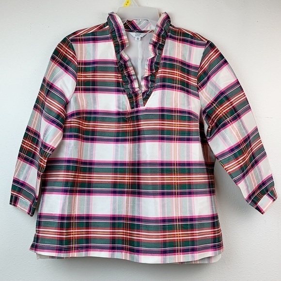 Holiday tunic! Crown& Ivy V ruffle neck gold thread crisp plaid blouse like new. - Picture 1 of 11